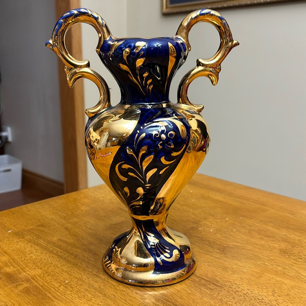 Cobalt blue and Gold Vintage Italian Ceramic Vase/ Jug
